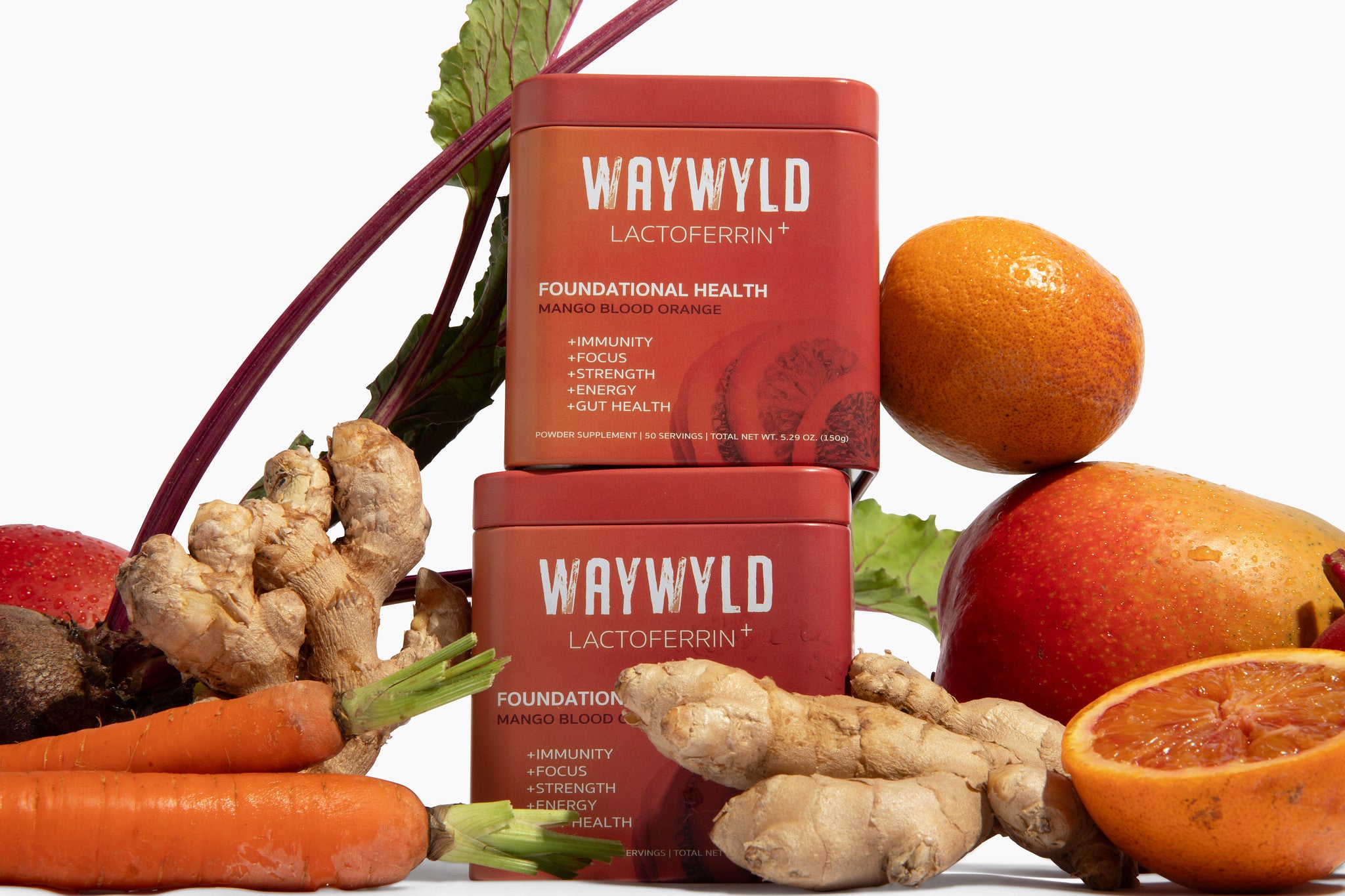 Orange WAYWYLD lactoferrin supplement jar surrounded by fresh mango and blood orange slices